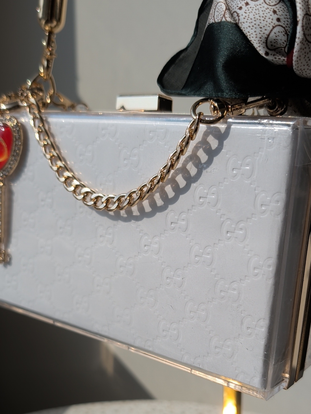 Upcycled White Embossed Chain-Handle Box Clutch